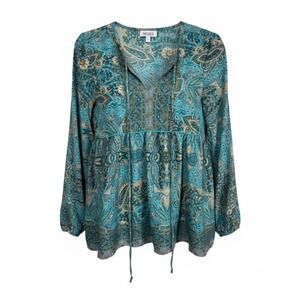 Masala Boho Paisley Tunic Top Blue Gold India Print Peasant Hippie‎ Blouse Smal